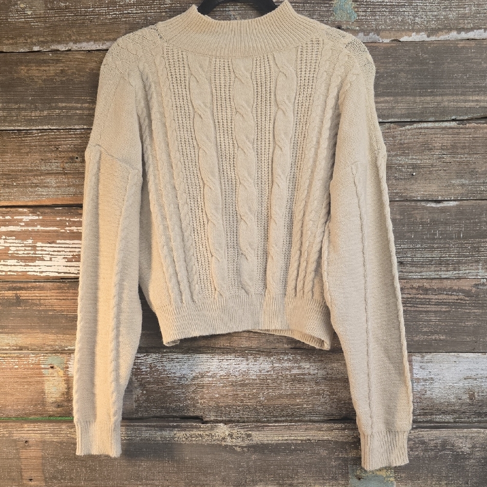 SHEIN Cream Cable Knit Turtleneck Sweater W/Bows On Back, Size L